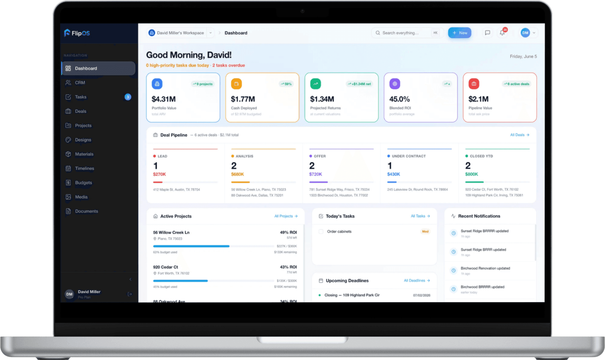 FlipOS dashboard - portfolio KPIs, deal pipeline, tasks and activity